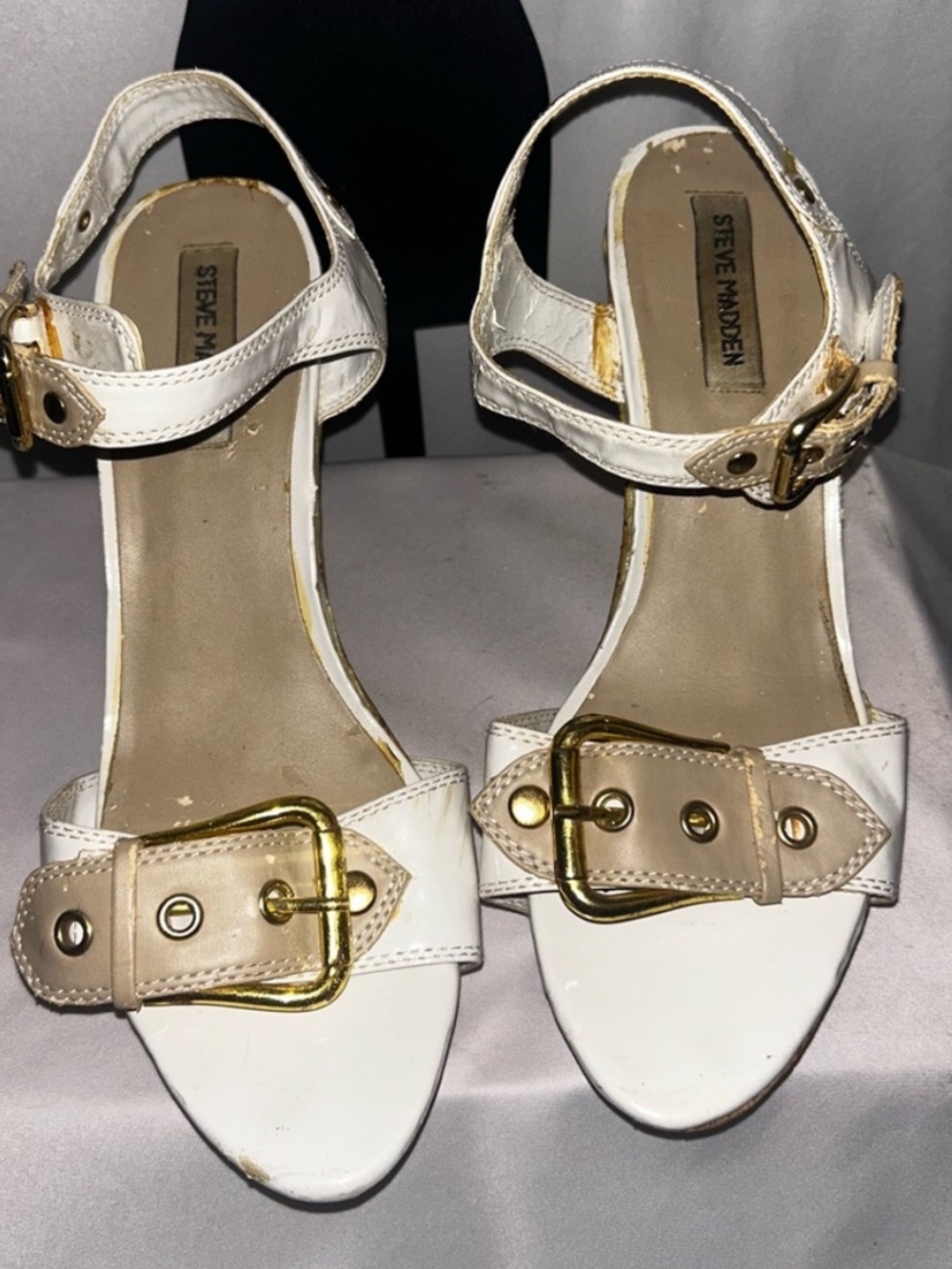 Steve Madden White Heeled Sandals with Gold Buckle Accents